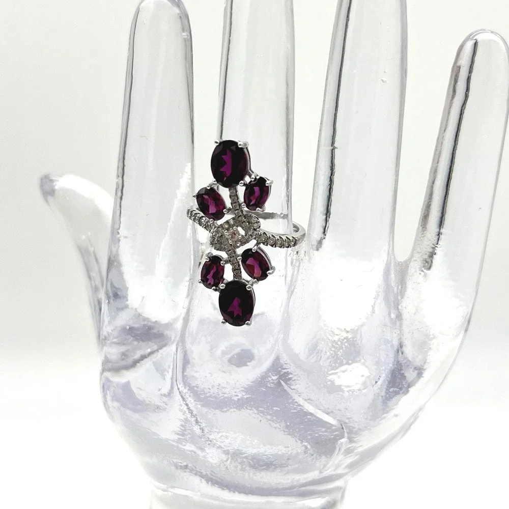 Sterling Silver Garnet Cluster Ring Marquise Oval Statement Size 9‎